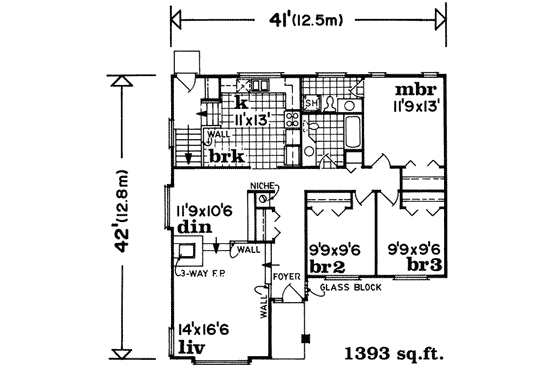 Floor Plan - Main Floor for Ranch House Plan #47-525 - 3 bed, 2 bath