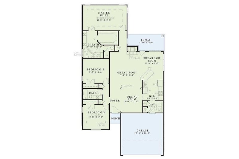 House Blueprint - Floor Plan - Main Floor for Southern House Plan #17-101 - 3 bed, 2 bath