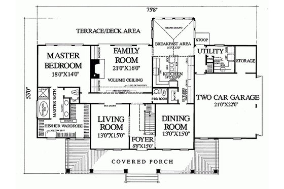 Main level floor plan - 3100 square foot Southern home