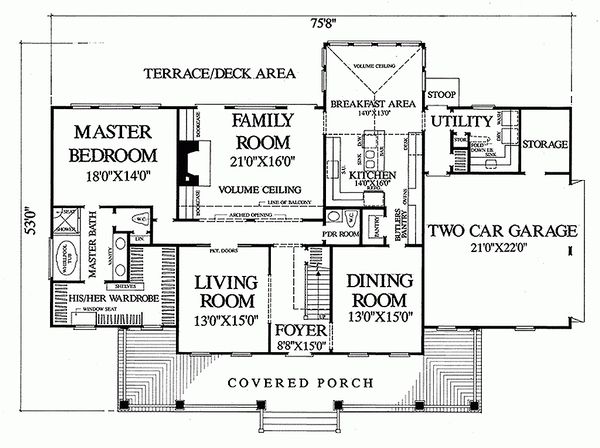 Main level floor plan - 3100 square foot Southern home