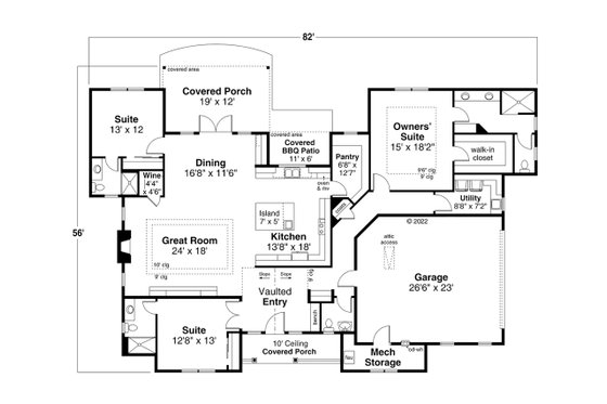 Floor Plan - Main Floor for Ranch House Plan #124-1311 - 3 bed, 3.5 bath