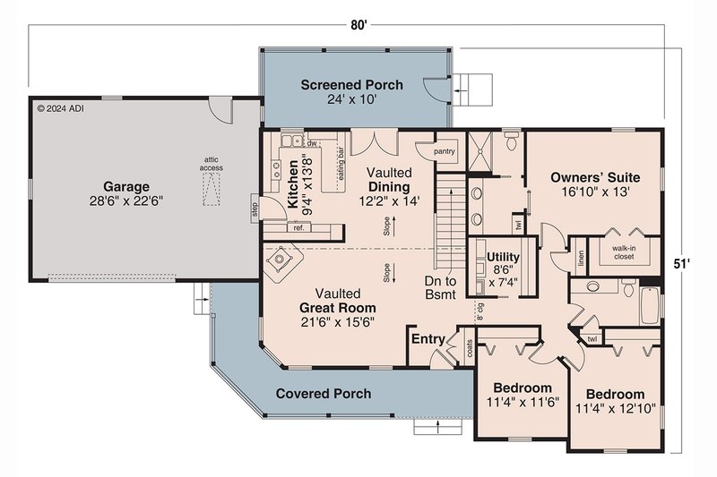 House Design - Floor Plan - Main Floor for Country House Plan #124-1388 - 3 bed, 2 bath