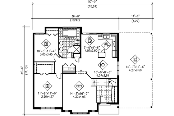 Floor Plan - Main Floor for Traditional House Plan #25-1161 - 2 bed, 1 bath