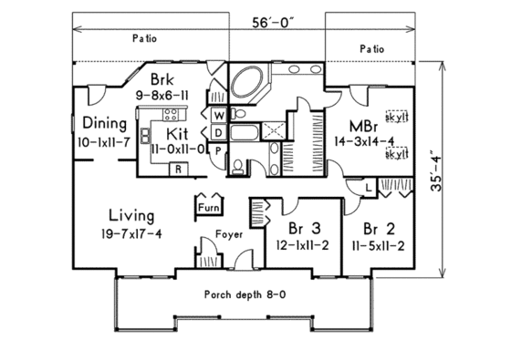 Floor Plan - Main Floor for Ranch House Plan #57-238 - 3 bed, 2 bath