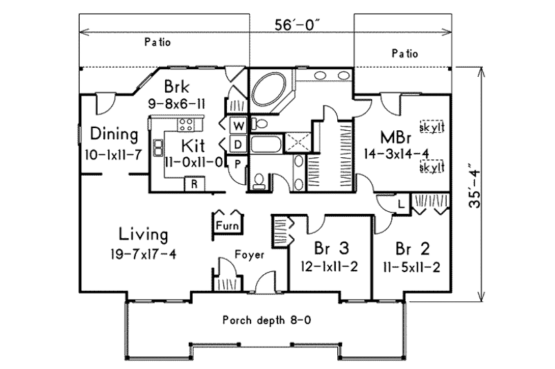 House Blueprint - Floor Plan - Main Floor for Ranch House Plan #57-238 - 3 bed, 2 bath
