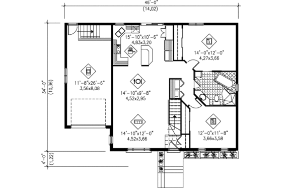 Floor Plan - Main Floor for Ranch House Plan #25-1122 - 2 bed, 1 bath