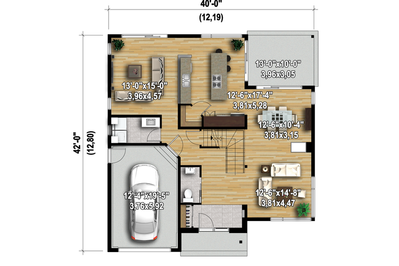 House Blueprint - Floor Plan - Main Floor 1 for Modern House Plan #25-4608 - 2 bed, 1 bath