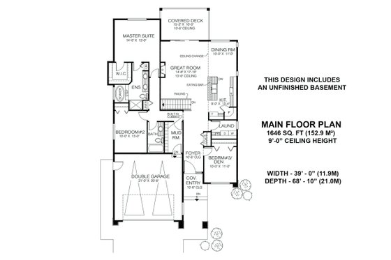 Floor Plan - Main Floor for Prairie House Plan #1100-19 - 3 bed, 2 bath