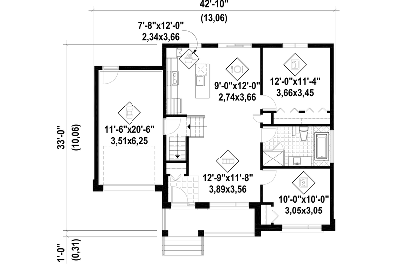 House Blueprint - Floor Plan - Main Floor for Contemporary House Plan #25-4590 - 2 bed, 1 bath