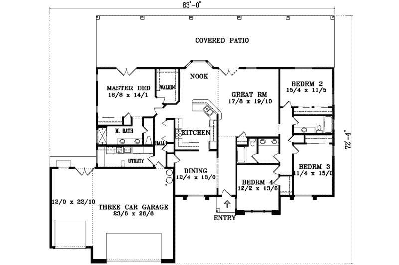 Architectural House Design - Floor Plan - Main Floor for Traditional House Plan #1-1474 - 4 bed, 3 bath
