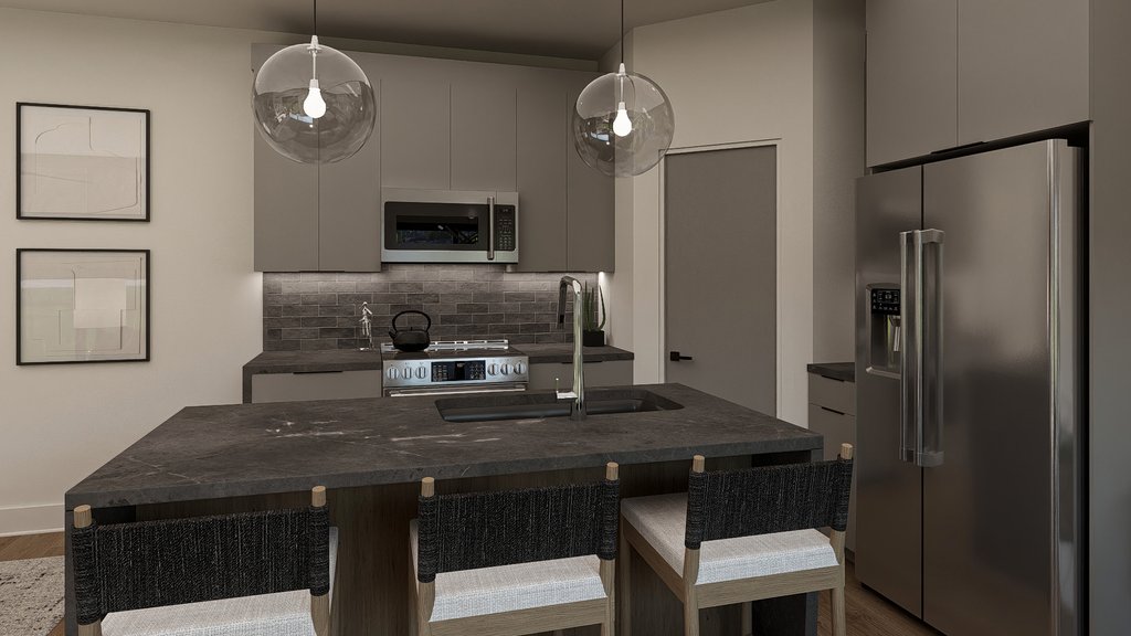 Modern kitchen with dark island, stainless steel refrigerator, and globe lights.
