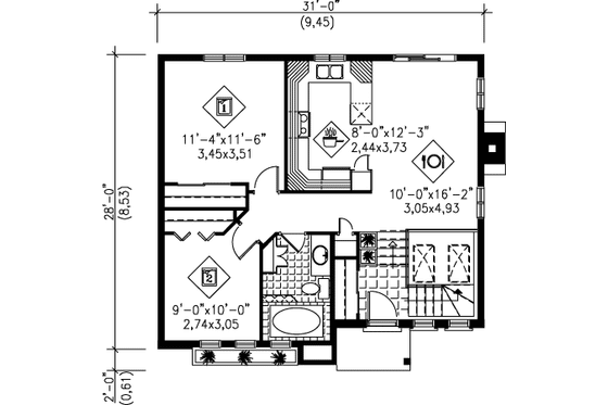 Floor Plan - Main Floor 1 for Modern House Plan #25-4230 - 3 bed, 1.5 bath