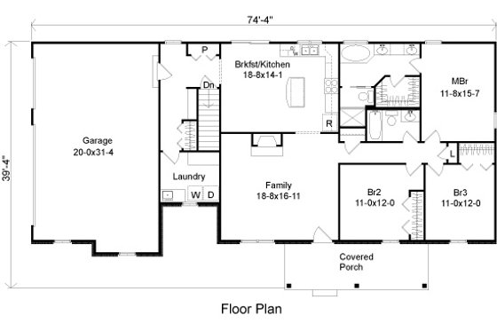 Floor Plan - Main Floor for Ranch House Plan #22-517 - 3 bed, 2 bath