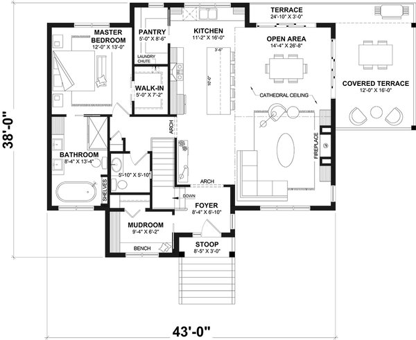 House Blueprint - Floor Plan - Main Floor for Craftsman House Plan #23-2893 - 1 bed, 1.5 bath