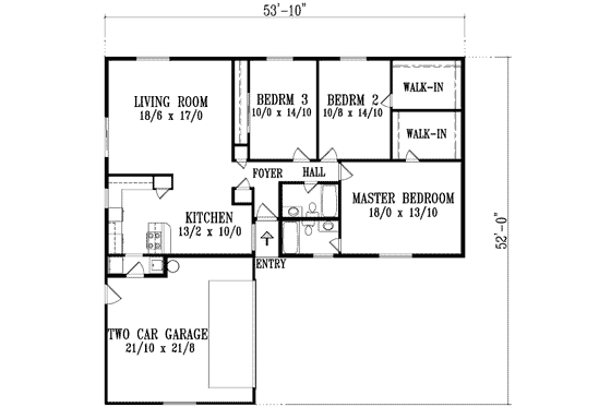 Floor Plan - Main Floor for Ranch House Plan #1-1310 - 3 bed, 2 bath