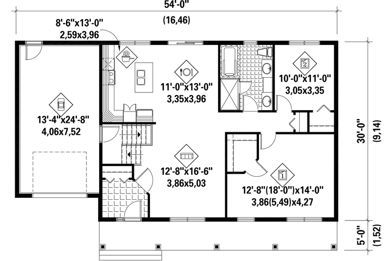 Home Plan - Floor Plan - Main Floor for Country House Plan #25-4387 - 2 bed, 1 bath