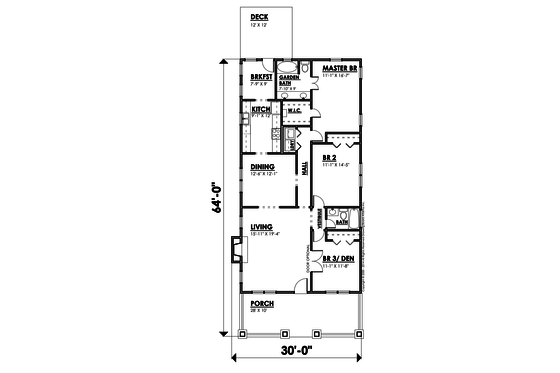Floor Plan - Main Floor for Bungalow House Plan #30-207 - 3 bed, 2 bath