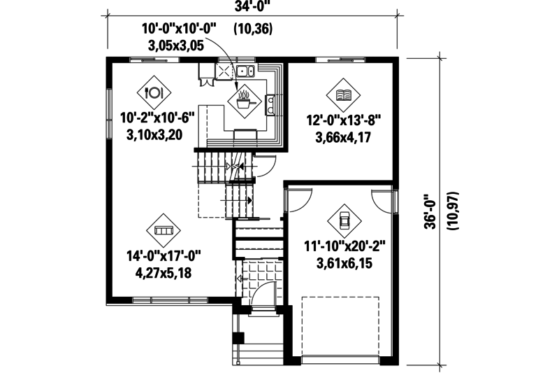 Home Plan - Floor Plan - Main Floor for Contemporary House Plan #25-4296 - 2 bed, 1 bath