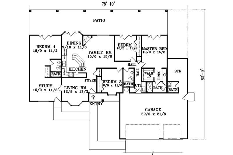 Home Plan - Floor Plan - Main Floor for Adobe / Southwestern House Plan #1-1396 - 4 bed, 3 bath