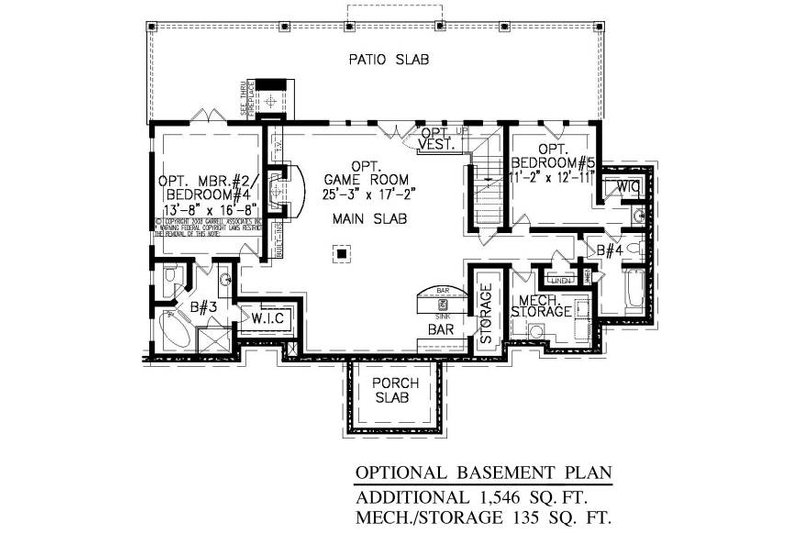 House Blueprint - Floor Plan - Lower Floor for Ranch House Plan #54-443 - 3 bed, 2.5 bath