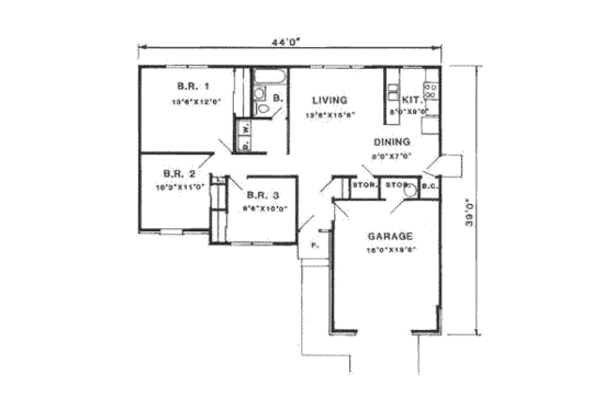 Floor Plan - Main Floor for Ranch House Plan #116-142 - 3 bed, 1 bath