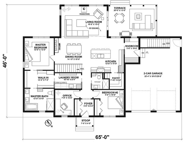 House Design - Floor Plan - Main Floor for Cottage House Plan #23-2881 - 2 bed, 2 bath