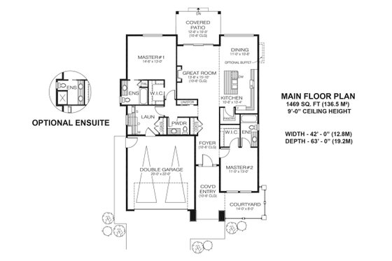 Floor Plan - Main Floor for Prairie House Plan #1100-15 - 2 bed, 2.5 bath