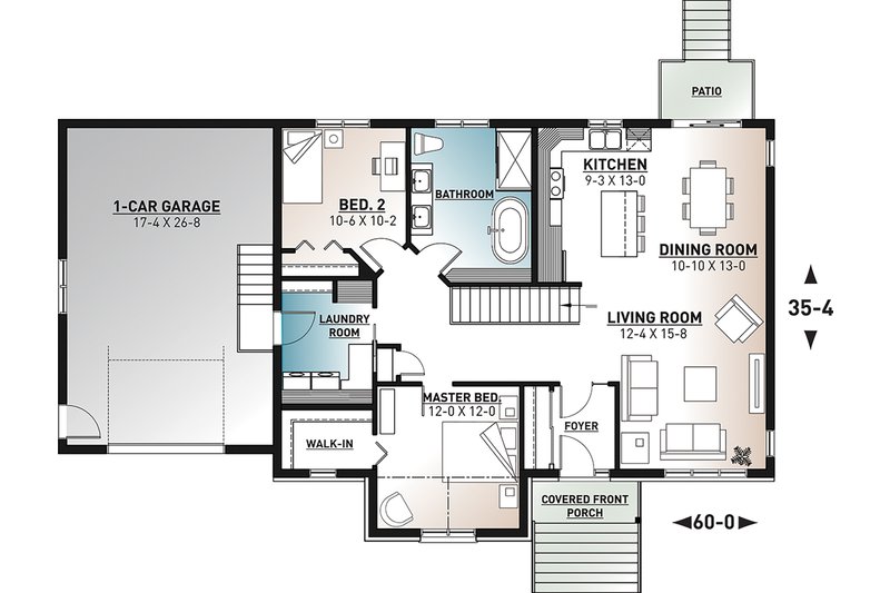 House Blueprint - Floor Plan - Main Floor for Country House Plan #23-2721 - 2 bed, 1 bath