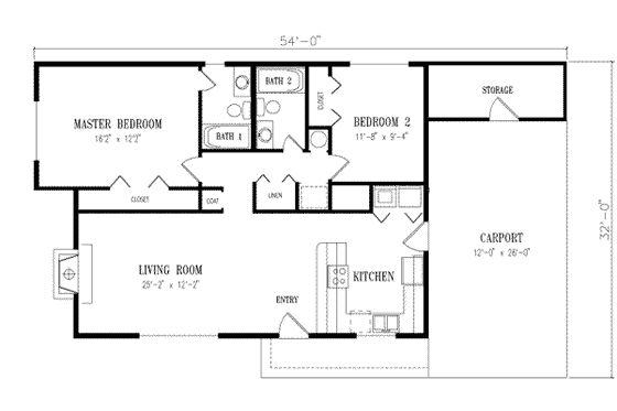 Floor Plan - Main Floor for Traditional House Plan #1-154 - 2 bed, 2 bath