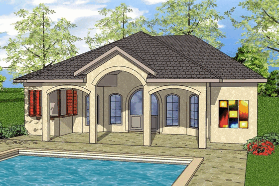 Exterior - Front Elevation for Mediterranean House Plan #8-156 - 1 bed, 2 bath
