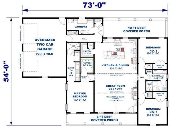 House Blueprint - Floor Plan - Main Floor for Farmhouse House Plan #44-311 - 3 bed, 2 bath