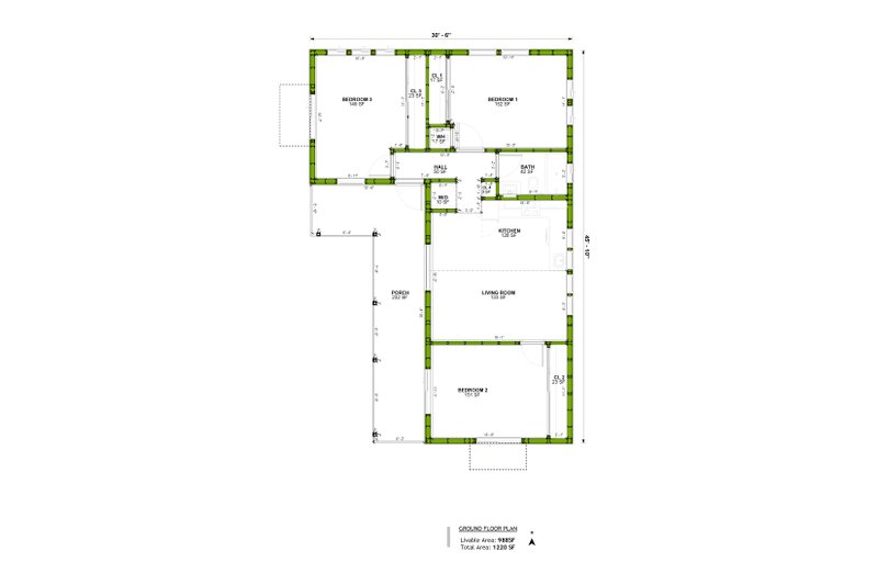 House Blueprint - Floor Plan - Main Floor for Ranch House Plan #1106-109 - 3 bed, 1 bath
