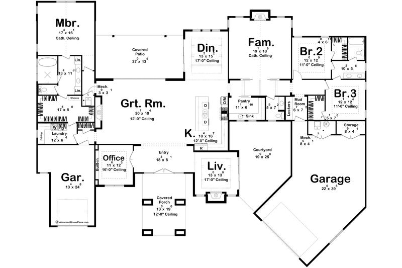House Design - Floor Plan - Main Floor for Prairie House Plan #455-370 - 3 bed, 2.5 bath