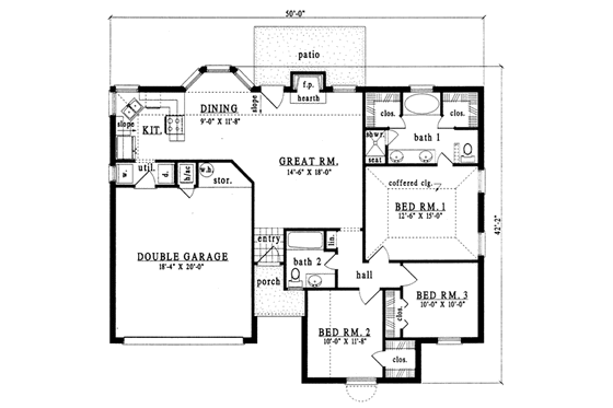 Floor Plan - Main Floor for Traditional House Plan #42-187 - 3 bed, 2 bath