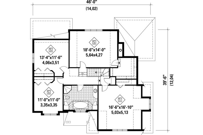 House Blueprint - Floor Plan - Upper Floor for European House Plan #25-4801 - 4 bed, 1 bath
