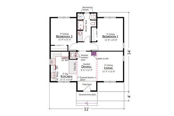 Floor Plan - Main Floor for Modern House Plan #1099-21 - 2 bed, 1 bath
