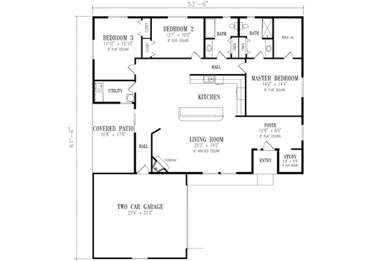 Floor Plan - Main Floor for Ranch House Plan #1-419 - 3 bed, 2 bath