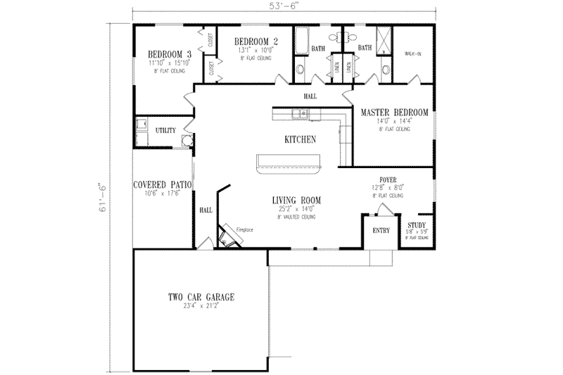 Home Plan - Floor Plan - Main Floor for Ranch House Plan #1-419 - 3 bed, 2 bath