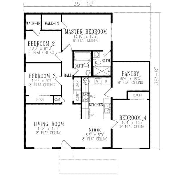 Ranch Style House Plan 4 Beds 2 Baths 1240 Sq/Ft Plan 1