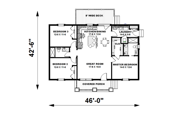 Floor Plan - Main Floor for Craftsman House Plan #44-225 - 3 bed, 2 bath