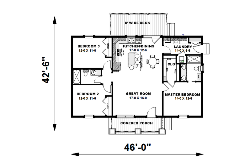 Architectural House Design - Floor Plan - Main Floor for Craftsman House Plan #44-225 - 3 bed, 2 bath