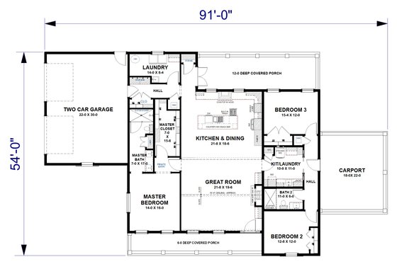 Floor Plan - Main Floor for Farmhouse House Plan #44-310 - 3 bed, 2 bath