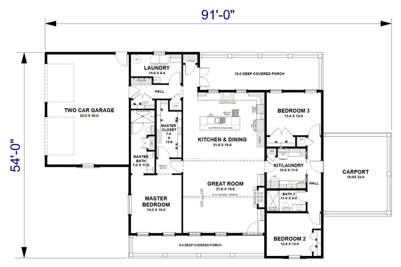 House Blueprint - Floor Plan - Main Floor for Farmhouse House Plan #44-310 - 3 bed, 2 bath