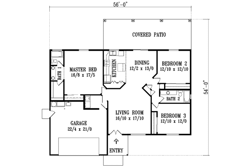 Home Plan - Floor Plan - Main Floor for Adobe / Southwestern House Plan #1-1323 - 3 bed, 2 bath