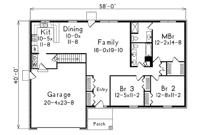 House Blueprint - Floor Plan - Main Floor for Ranch House Plan #57-470 - 3 bed, 2 bath
