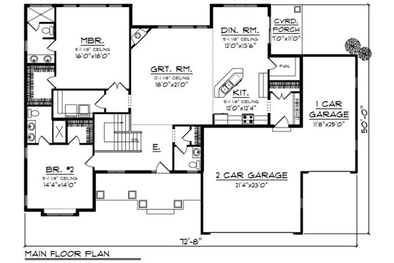 Floor Plan - Main Floor for Craftsman House Plan #70-1271 - 2 bed, 2.5 bath