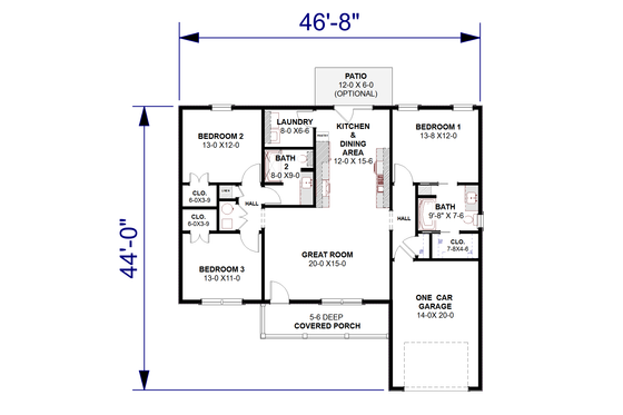 Floor Plan - Main Floor for Farmhouse House Plan #44-309 - 3 bed, 2 bath