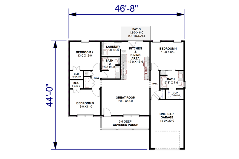 House Plan Design - Floor Plan - Main Floor for Farmhouse House Plan #44-309 - 3 bed, 2 bath