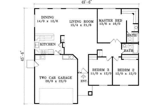 Floor Plan - Main Floor for Ranch House Plan #1-1265 - 3 bed, 2 bath