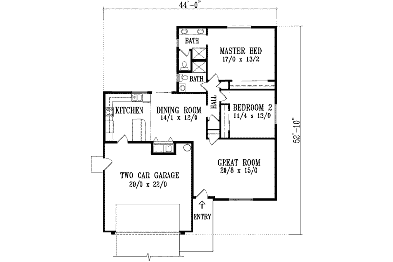 Home Plan - Floor Plan - Main Floor for Adobe / Southwestern House Plan #1-1179 - 2 bed, 2 bath